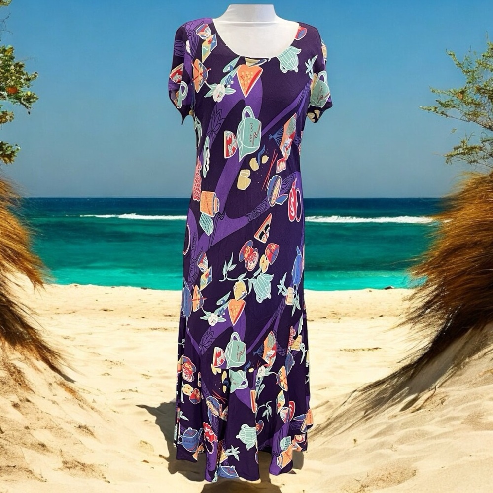 Naturally Petite Muumuu Dress Purple Womens L Hawaiian Tea Sushi Coffee